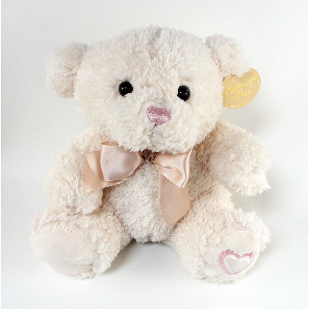 Dan Dee Cream Bear Sherpa Plush Pink Heart Foot Nose Bow Sitting Platinum Plus